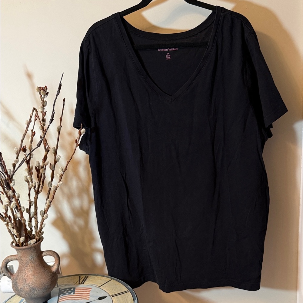 Woman Within Black V-Neck Tee with Pink Logo